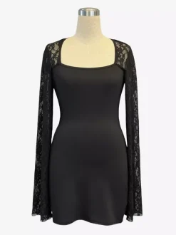 Square Neck Lace Flare Long Sleeve Bodycon Mini Dress For Women 2026