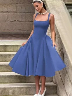 Square Neck Midi Dress For Women - Retro A-Line Pleated Dress - Spring Cocktail Party 2026