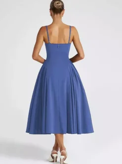 Square Neck Midi Dress For Women - Retro A-Line Pleated Dress - Spring Cocktail Party 2026