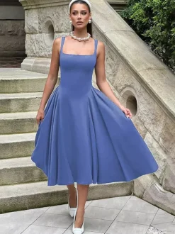 Square Neck Midi Dress For Women - Retro A-Line Pleated Dress - Spring Cocktail Party 2026