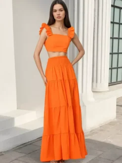 Square Neck Ruffle Strap Crop Top Tiered Maxi Skirt 2 Piece Vacation Outfit Set