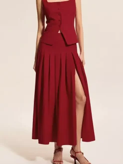 Square Neck Vest Top And Long Slit Skirt Two Piece Set In Red For Summer 2026