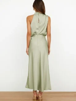 Stain Midi Party Dress Halter Sleeveless Bridesmaid Dress In Burgundy