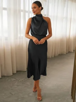 Stain Midi Party Dress Halter Sleeveless Bridesmaid Dress In Burgundy