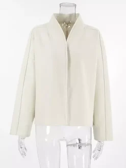 Stand Collar Women's Short Coat - Cream Oversized Fit Jacket - Minimalist Spring Street Casual Outfits 2026