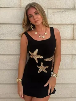 Starfish Sequin Mini Dress for Women - Sexy Sleeveless Scoop Neck Slim Fit Sheath Sundress - Summer Beach Resort 2026