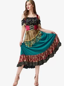 Starlight Gypsy Costumes Green Sexy Dress Floral Print Set Holidays Costumes