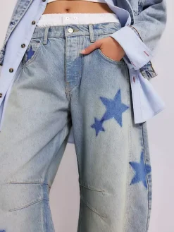 Star Print Barrel Jeans For Women - Light Wash Boho Horseshoe Baggy Denim Trousers - Spring Music Festival 2026