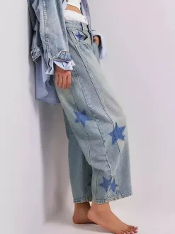 Star Print Barrel Jeans For Women - Light Wash Boho Horseshoe Baggy Denim Trousers - Spring Music Festival 2026
