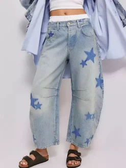 Star Print Barrel Jeans For Women - Light Wash Boho Horseshoe Baggy Denim Trousers - Spring Music Festival 2026
