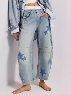 Star Print Barrel Jeans For Women - Light Wash Boho Horseshoe Baggy Denim Trousers - Spring Music Festival 2026
