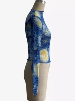 Starry Night Art Print Mock Neck Lettuce Trim Mesh Slim Top For Women 2026