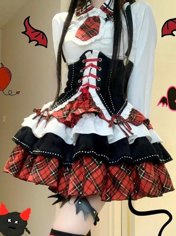 Steampunk Lolita Outfits Red Plaid Lace Up Ruffles Long Sleeves Skirt