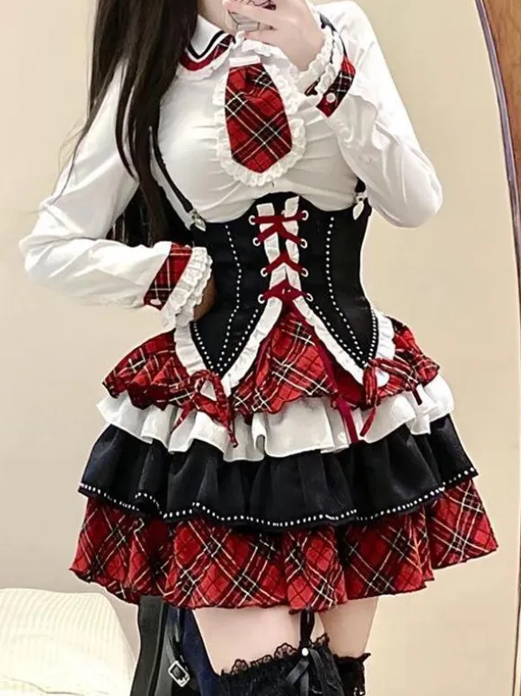 Steampunk Lolita Outfits Red Plaid Lace Up Ruffles Long Sleeves Skirt