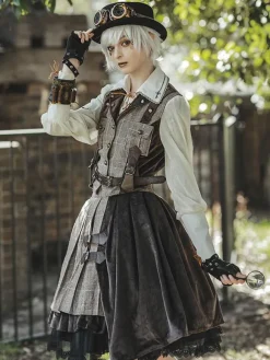 Steampunk Lolita Cardigan Ouji Style Cotton Blend Velour Metal Details Brown Lovely Lolita Overcoat