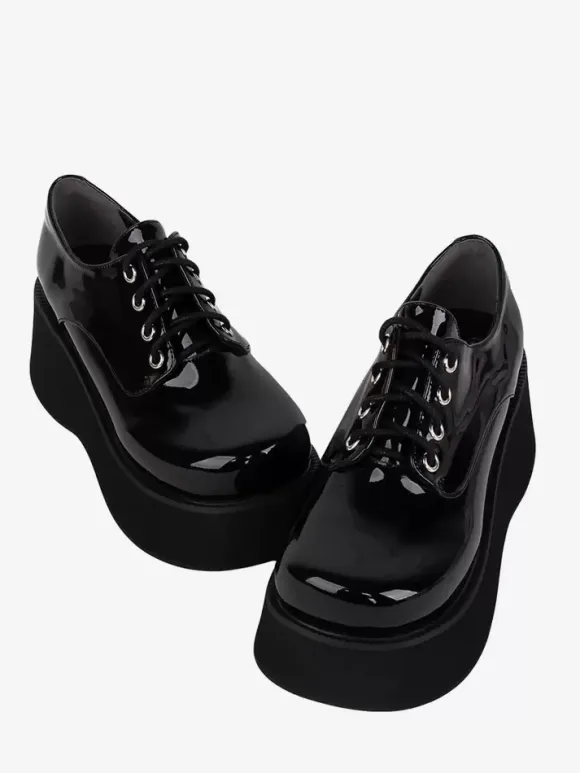 Steampunk Lolita Footwear Black Lace up Patent Leather PU Leather Wedge Heel Lolita Pumps