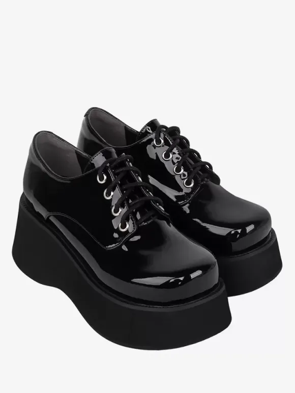 Steampunk Lolita Footwear Black Lace up Patent Leather PU Leather Wedge Heel Lolita Pumps