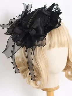 Steampunk Lolita Hat Black Bows Ruffles Lace Accessory Polyester Lolita Accessories