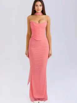 Strapless Corset And Mesh Maxi Skirt And Neck Scarf Party 3 Piece Co-ord Set For Women 2026