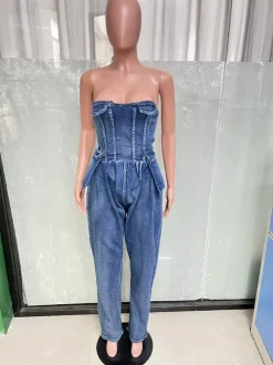 Strapless Corset Denim Jumpsuit For Women - Blue Sexy Bustier Back Zip Harem Romper - Spring Party Night Club 2026