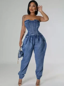 Strapless Corset Denim Jumpsuit For Women - Blue Sexy Bustier Back Zip Harem Romper - Spring Party Night Club 2026
