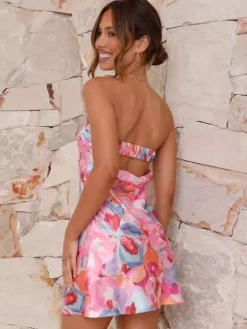 Strapless Floral Printed Mini Dress for Women - Sexy Backless Sheath Sundress - Summer Beach Party 2026