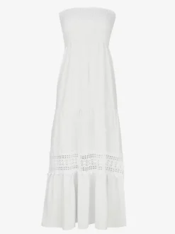 Strapless Smocked Maxi Dress for Women - Boho Crochet Lace Tiered Tube Dress - Summer Beach Resort 2026