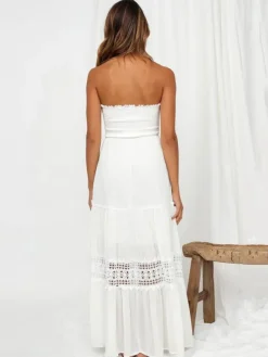 Strapless Smocked Maxi Dress for Women - Boho Crochet Lace Tiered Tube Dress - Summer Beach Resort 2026