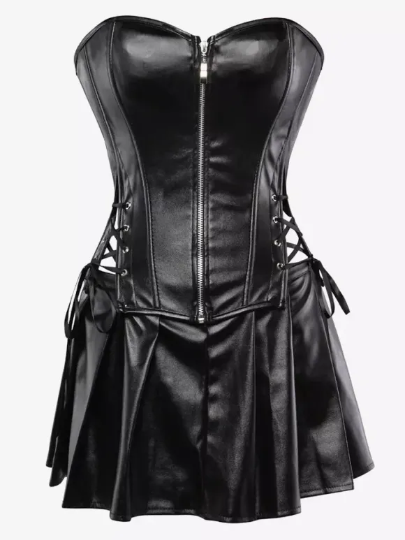Strapless Sweetheart Faux Leather Corset Mini Dress Side Lace Up Club Outfit