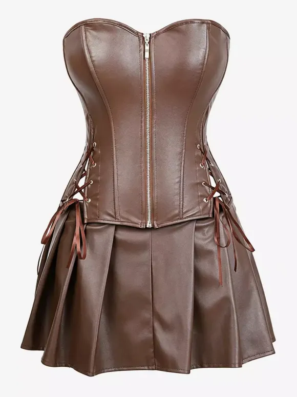 Strapless Sweetheart Faux Leather Corset Mini Dress Side Lace Up Club Outfit