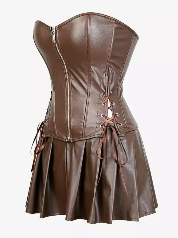 Strapless Sweetheart Faux Leather Corset Mini Dress Side Lace Up Club Outfit
