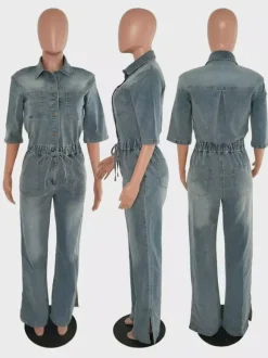 Stretch Washed Denim Jumpsuit For Women - Light Blue Drawstring Waist Side Slit Wide Leg Cargo Romper - Summer Streetwear 2026