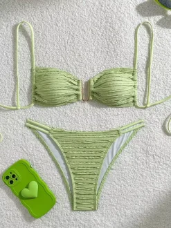 Striped U Neck Cutout Waist Bikini Swimsuit For Summer 2026