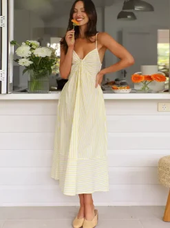 Striped Long Sundress for Women - Cottagecore Knotted Bust V Neck Backless Cami Flare Dress - Summer Beach Picnic 2026