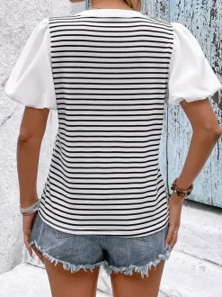 Striped V-neck Blouse With Puff Sleeves And Button Front 2026