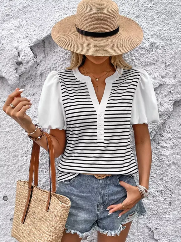 Striped V-neck Blouse With Puff Sleeves And Button Front 2026