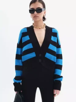 Striped V-Neck Crop Cardigan Knit Button Up Sweater For Women 2026