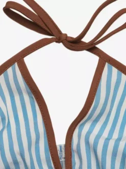 Stripe Halter Neck Romper Chocolate Contrast Trim Back Tie Elastic Waist Pocket Vacation Short Jumpsuit