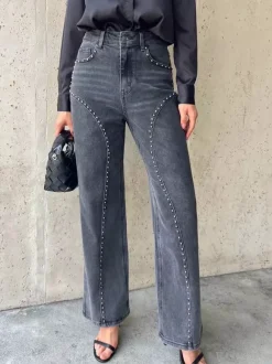 Studded Straight Leg Jeans For Women - Medium Wash Retro Rivet Detail Wide Leg Denim - Spring Night Out Fashion 2026