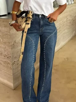 Studded Straight Leg Jeans For Women - Medium Wash Retro Rivet Detail Wide Leg Denim - Spring Night Out Fashion 2026