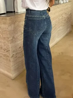 Studded Straight Leg Jeans For Women - Medium Wash Retro Rivet Detail Wide Leg Denim - Spring Night Out Fashion 2026