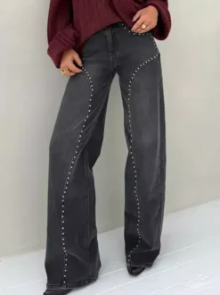 Studded Straight Leg Jeans For Women - Medium Wash Retro Rivet Detail Wide Leg Denim - Spring Night Out Fashion 2026