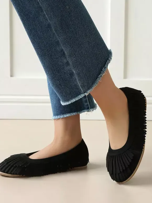 Suede Ballet Flats Brown Round Toe Slip On Flat Shoes With Tassels