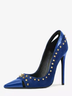 Suede High Heel Pumps Women's Pointed Toe Rivets Slip On Shoes