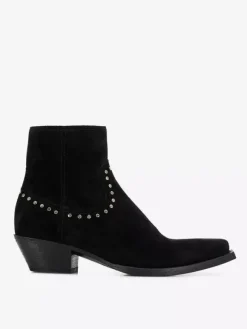 Suede Ankle Boots Suede Men's Pointed Toe Beaded Block Heel Booties