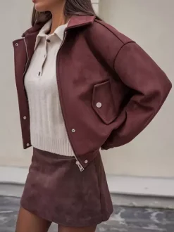 Suede Drop Shoulder Women's Cropped Jacket - Stand Collar Zip Up Slim Fit - Minimalist Spring Casual Outfits 2026