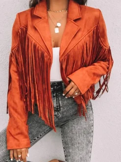 Suede Jacket Black Turndown Collar Fringe Lapel High Waist Solid Color Oversized Relaxed Fit Spring Fall Street Outerwear For Women