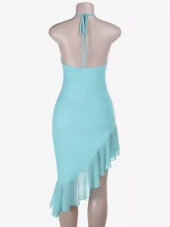 Summer Back Tie Halter Bodycon Dress Ruched Side Frilly High Low Hem Vacation Dress
