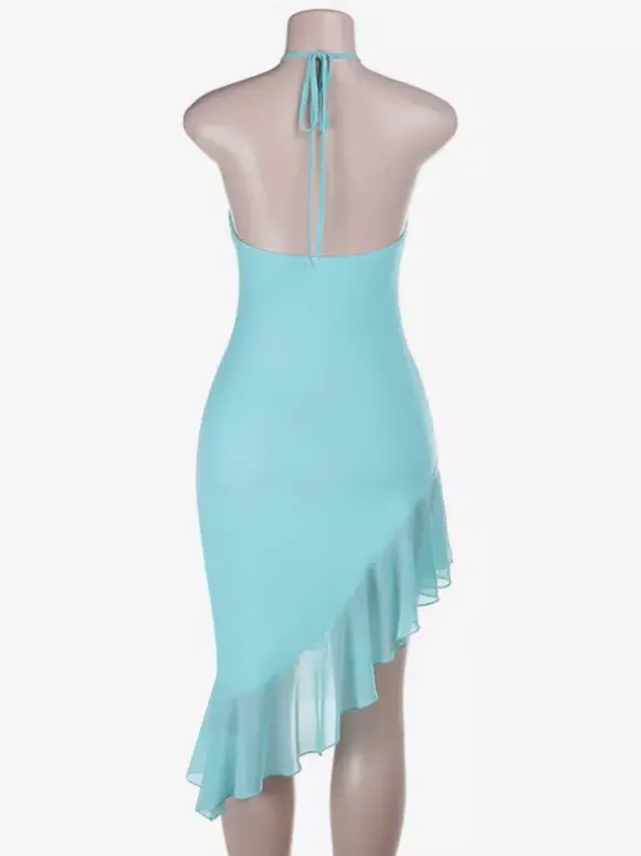 Summer Back Tie Halter Bodycon Dress Ruched Side Frilly High Low Hem Vacation Dress