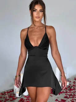 Summer Dress V-Neck Pleated Backless Pink Mini Length Beach Dress